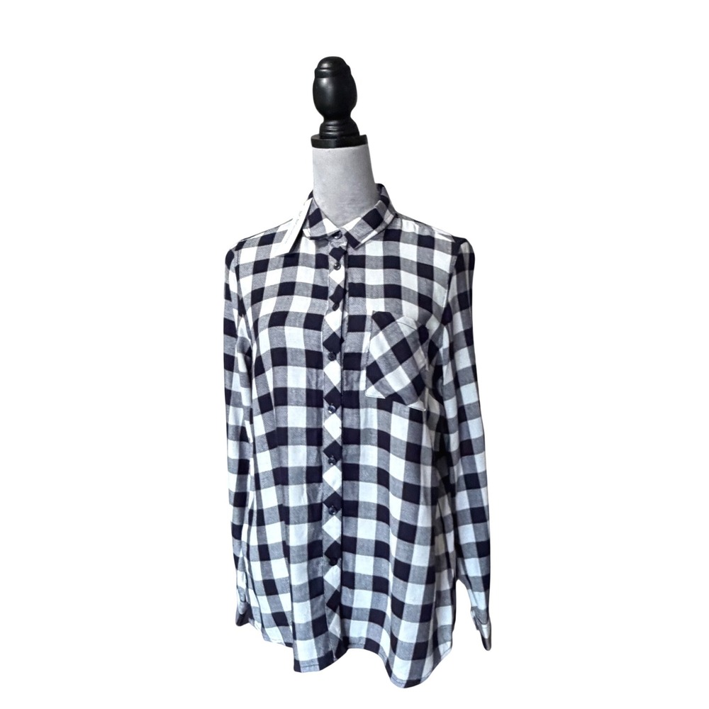 NWT BCBGeneration Navy White Buffalo Check Plaid Button Down Shirt Herringbone S